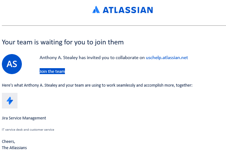 invitation email from Atlassian